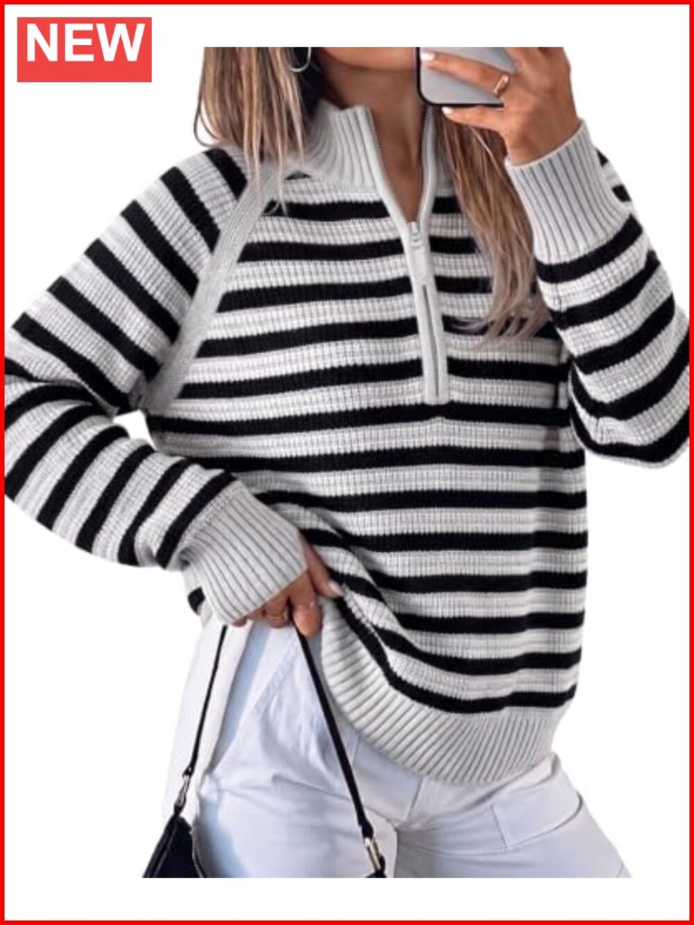 Ribbed Knit Half Zip Striped Pullover Sweater Mock Neck Oversized